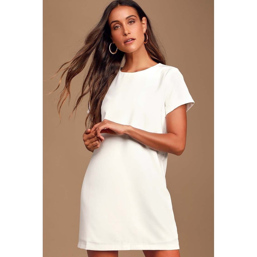 Lulus Shift and Shout‎ Ivory White Short Sleeve Mini Shift Dress Gold Zipper S